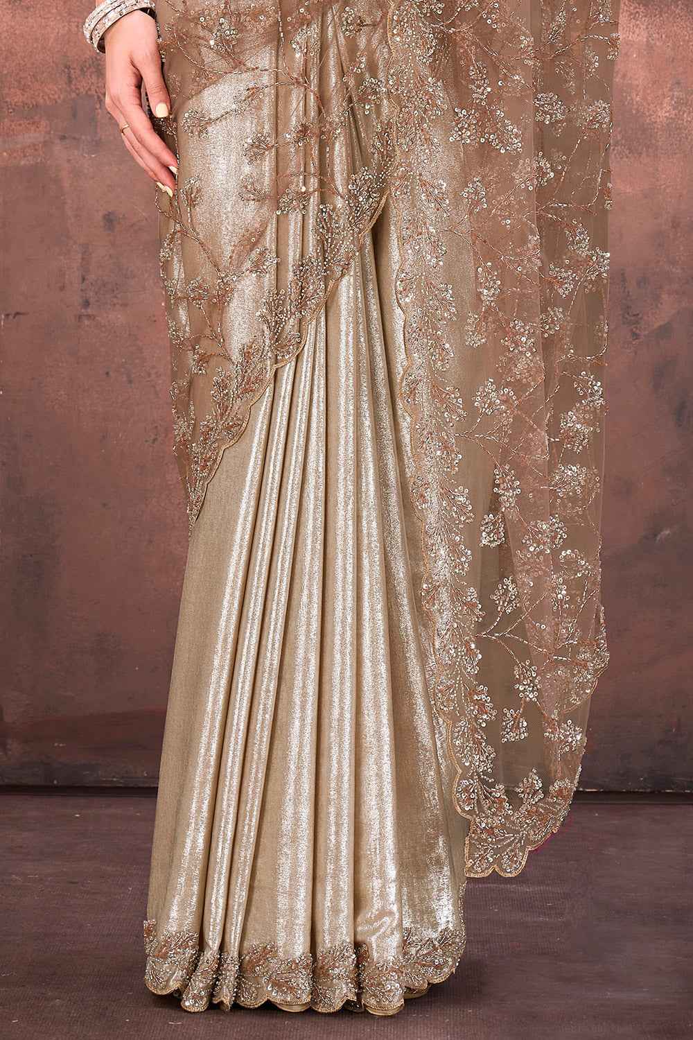 Nayoora Champagne Gold Foil Satin Net Saree - Nayoora