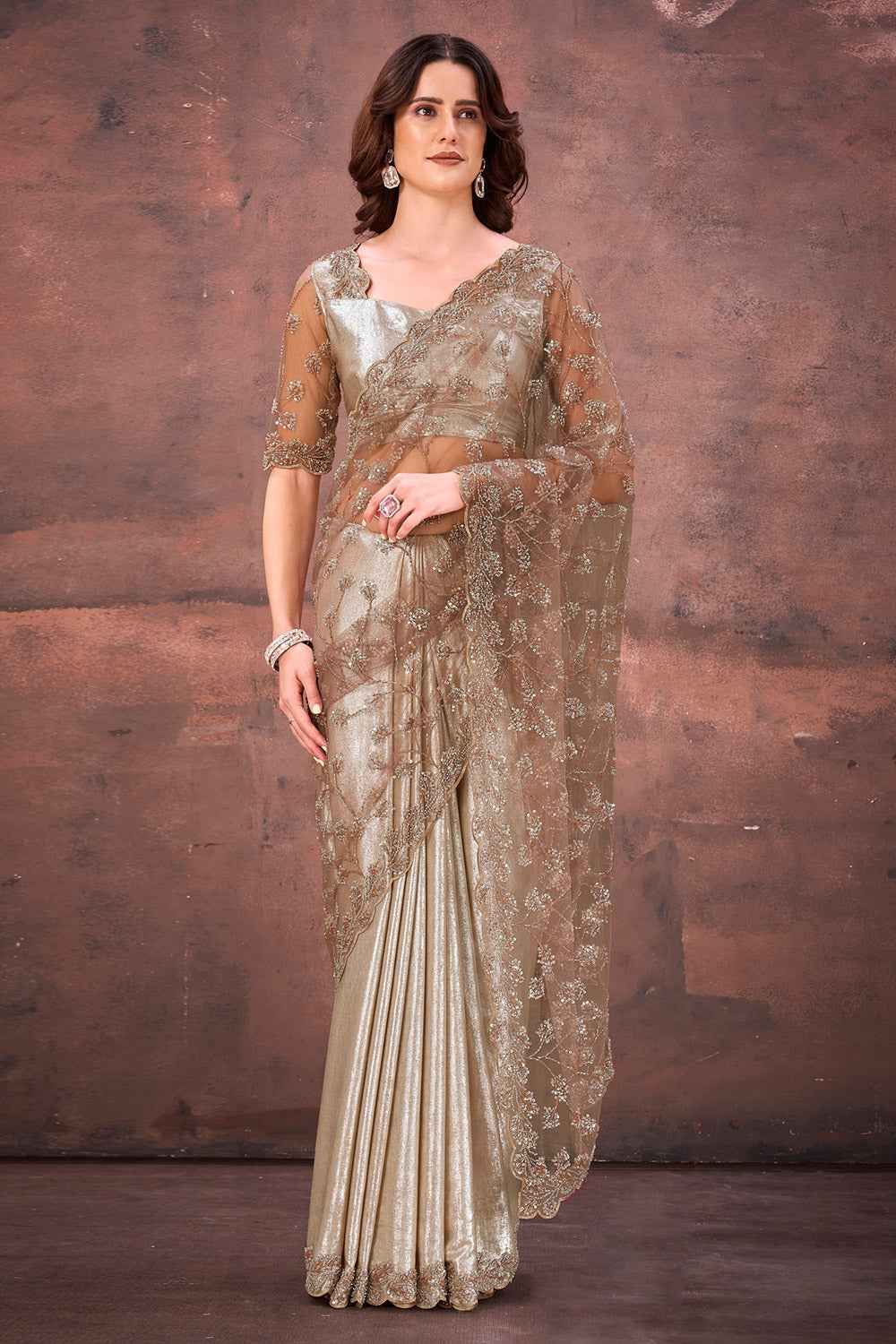 Nayoora Champagne Gold Foil Satin Net Saree - Nayoora