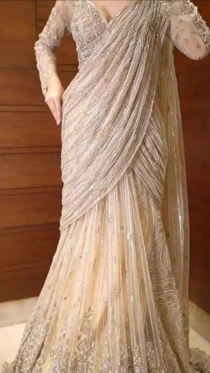 Nayoora champagne net saree with all-over sequins and draped wrap