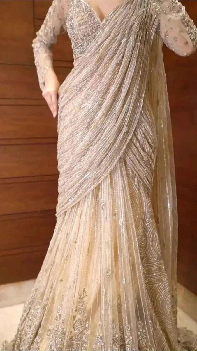 Nayoora Champagne Net Saree – Ready - to - Wear All - Over Sequin Work - Nayoora
