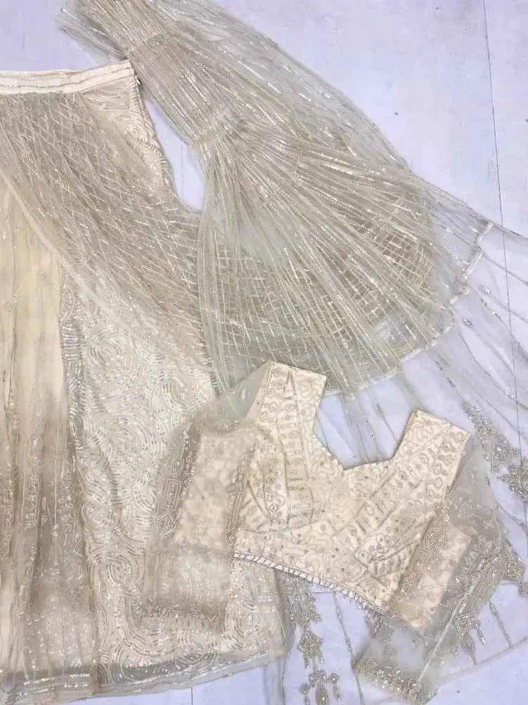 Champagne net saree set with sequin detailing, blouse piece, and matching drape panel