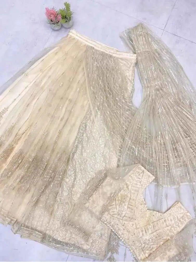 Champagne net saree with sequin work, blouse piece, and sheer drape panel