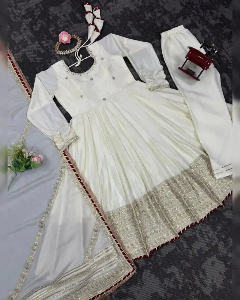 Nayoora anarkali suit set, cream kurta with pleated skirt and gold sequin cuffs