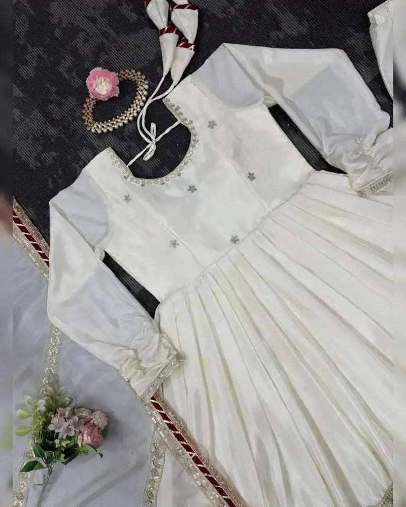 Nayoora anarkali suit set kurta, cream with threadwork dots and gold sequin cuffs