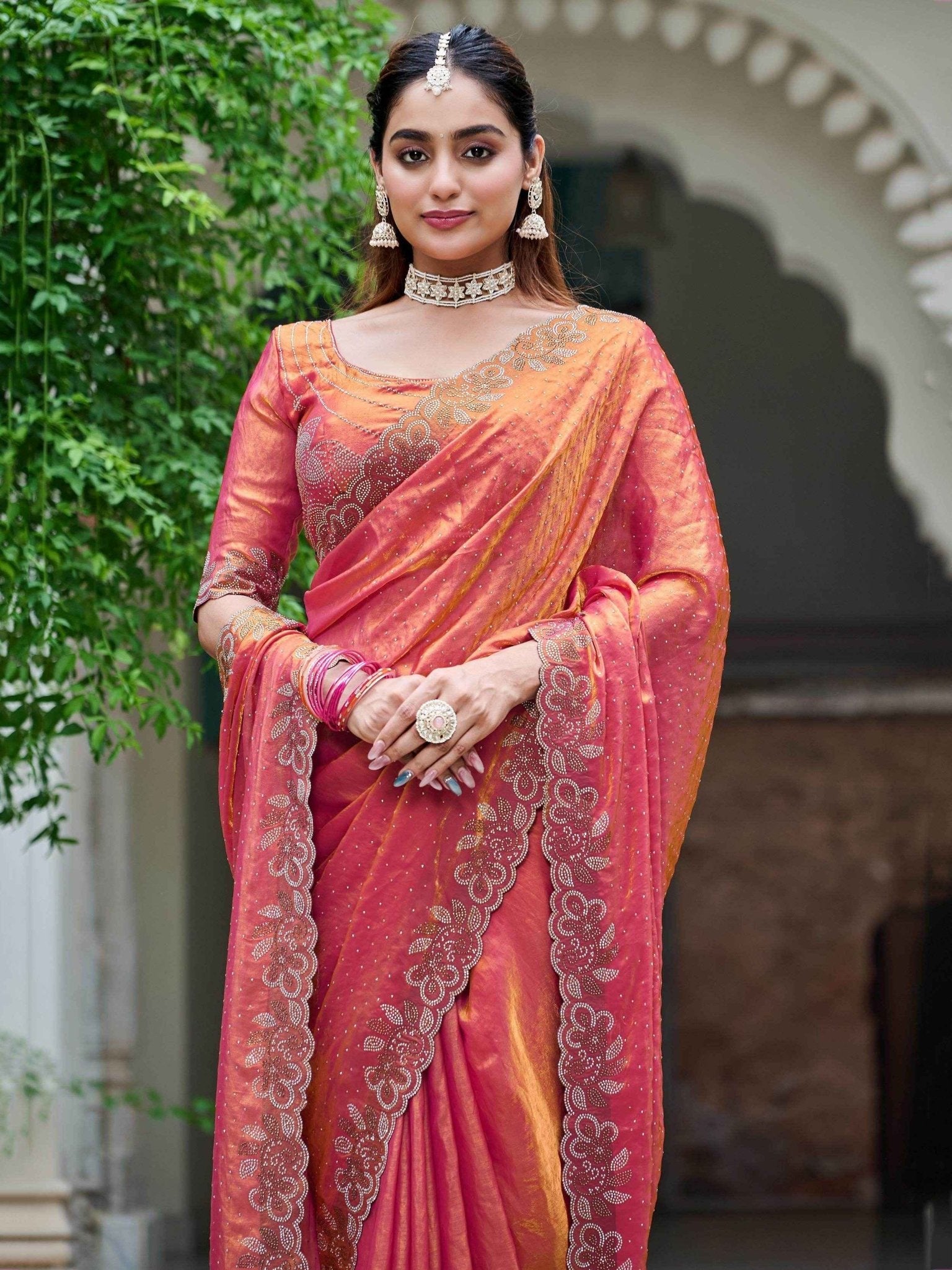 Nayoora Coral Rose Silk Diamond Work Saree - Nayoora