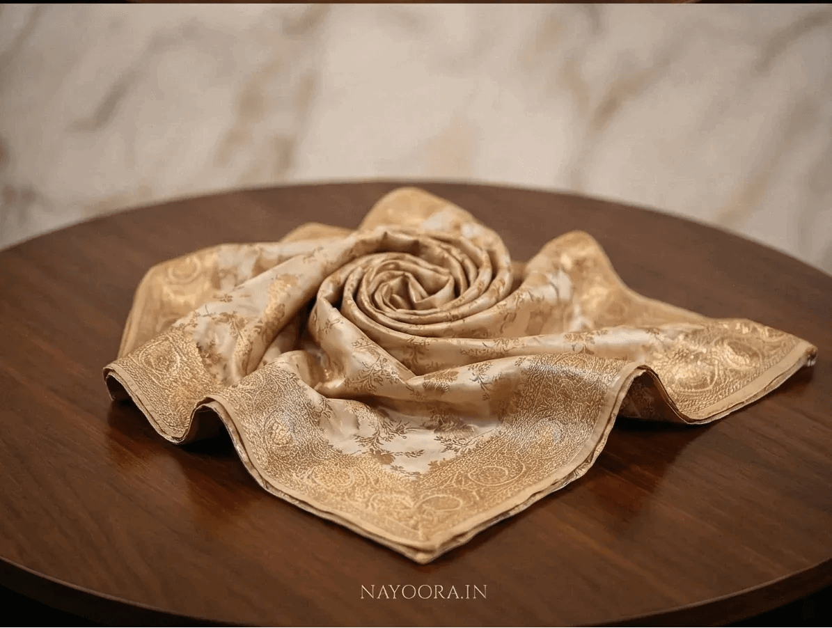 Cream Banarasi silk saree folded with gold zari motifs and shimmer weave