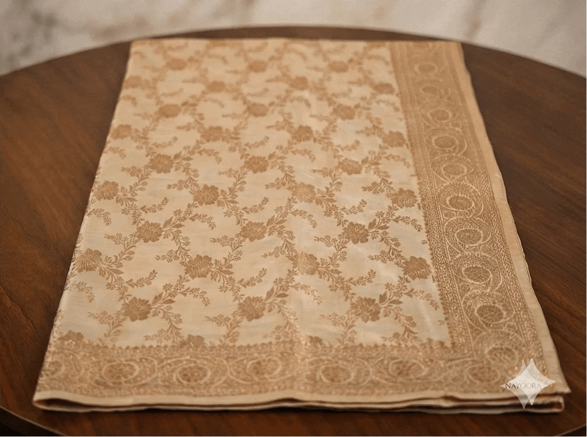 Cream Banarasi silk saree with floral pattern and gold zari border edge