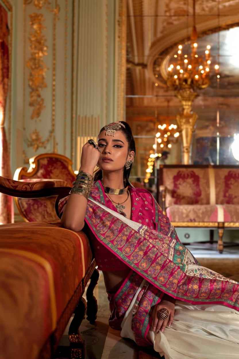 Nayoora Cream Silk Saree – Royal Pink Printed Border & Pallu - Nayoora