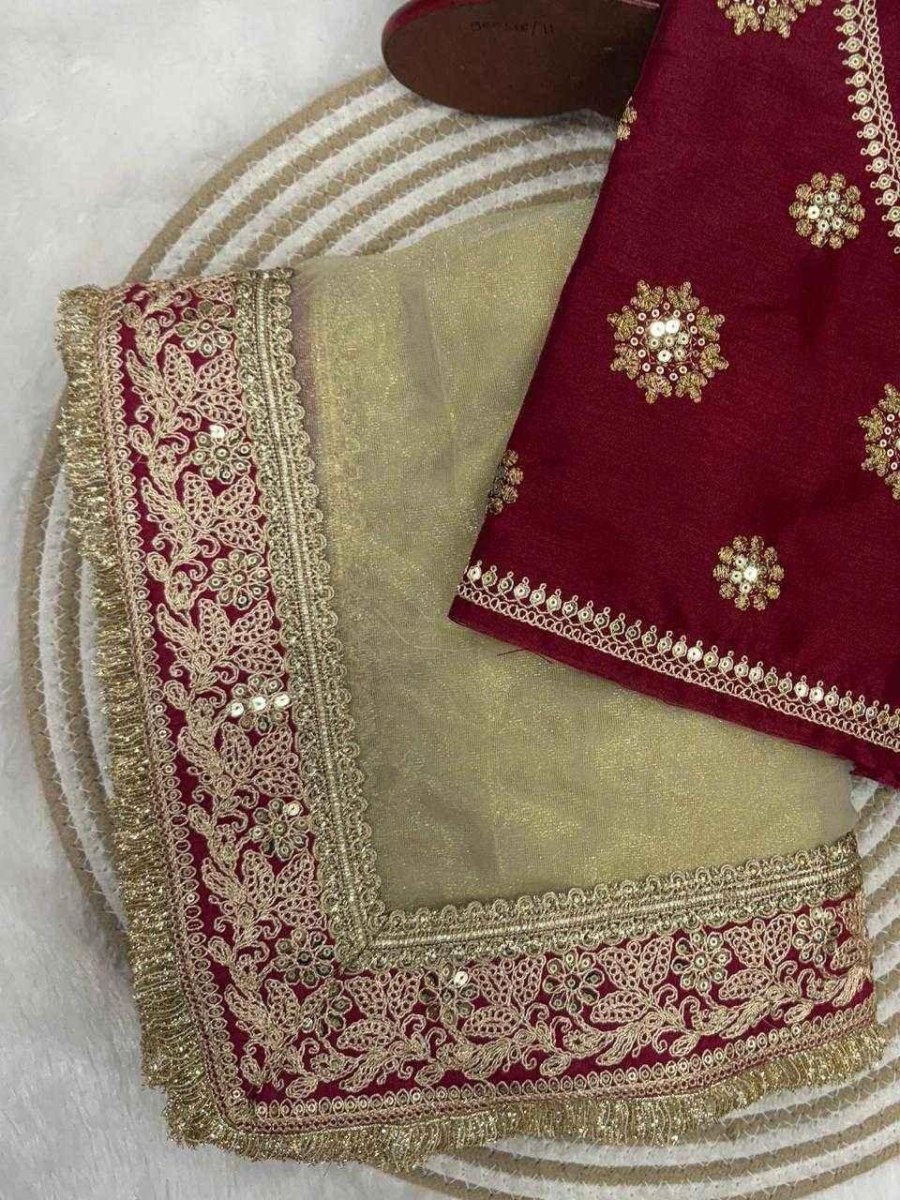 Nayoora Cream Twill Net Saree – Heavy Maroon Zari Border & Blouse - Nayoora