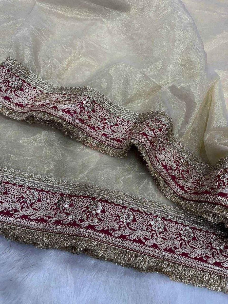 Nayoora Cream Twill Net Saree – Heavy Maroon Zari Border & Blouse - Nayoora