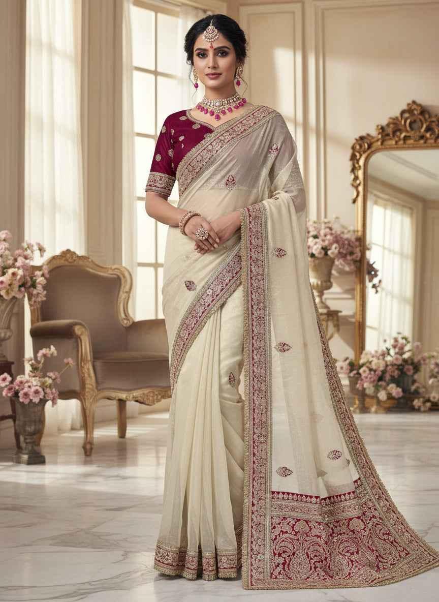 Nayoora Cream Twill Net Saree – Heavy Maroon Zari Border & Blouse - Nayoora
