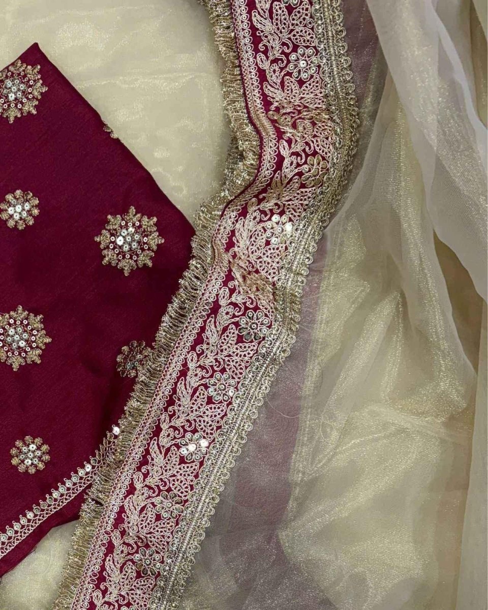 Nayoora Cream Twill Net Saree – Heavy Maroon Zari Border & Blouse - Nayoora