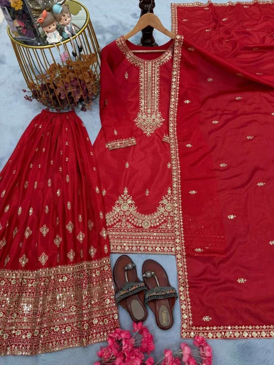 Crimson red embroidered long kurta with matching palazzo, gold trim neckline and hem