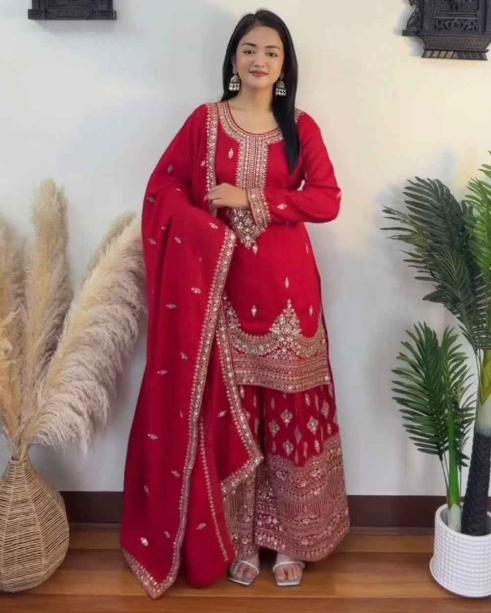 Nayoora Crimson Chinon Embroidered Palazzo Suit - Nayoora