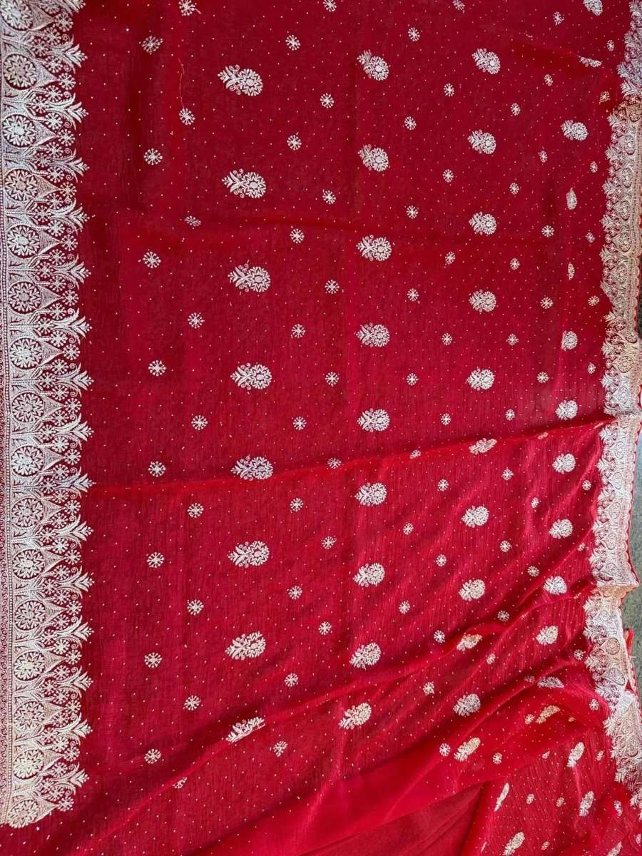 Embroidered festive saree in crimson red with silver dot motifs and decorative border