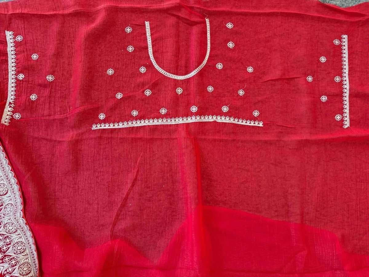Festive saree blouse panel with round neckline trim and silver dot embroidery