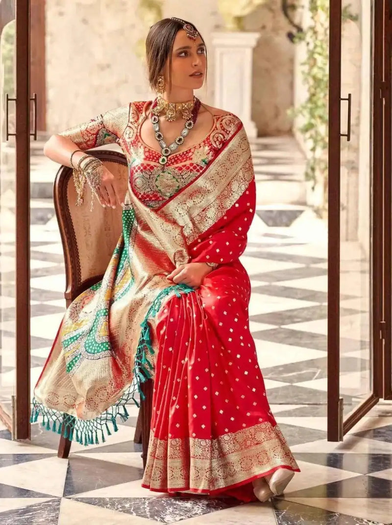 Crimson red silk wedding saree with cream pallu, ornate trim, and multicolor geometric border