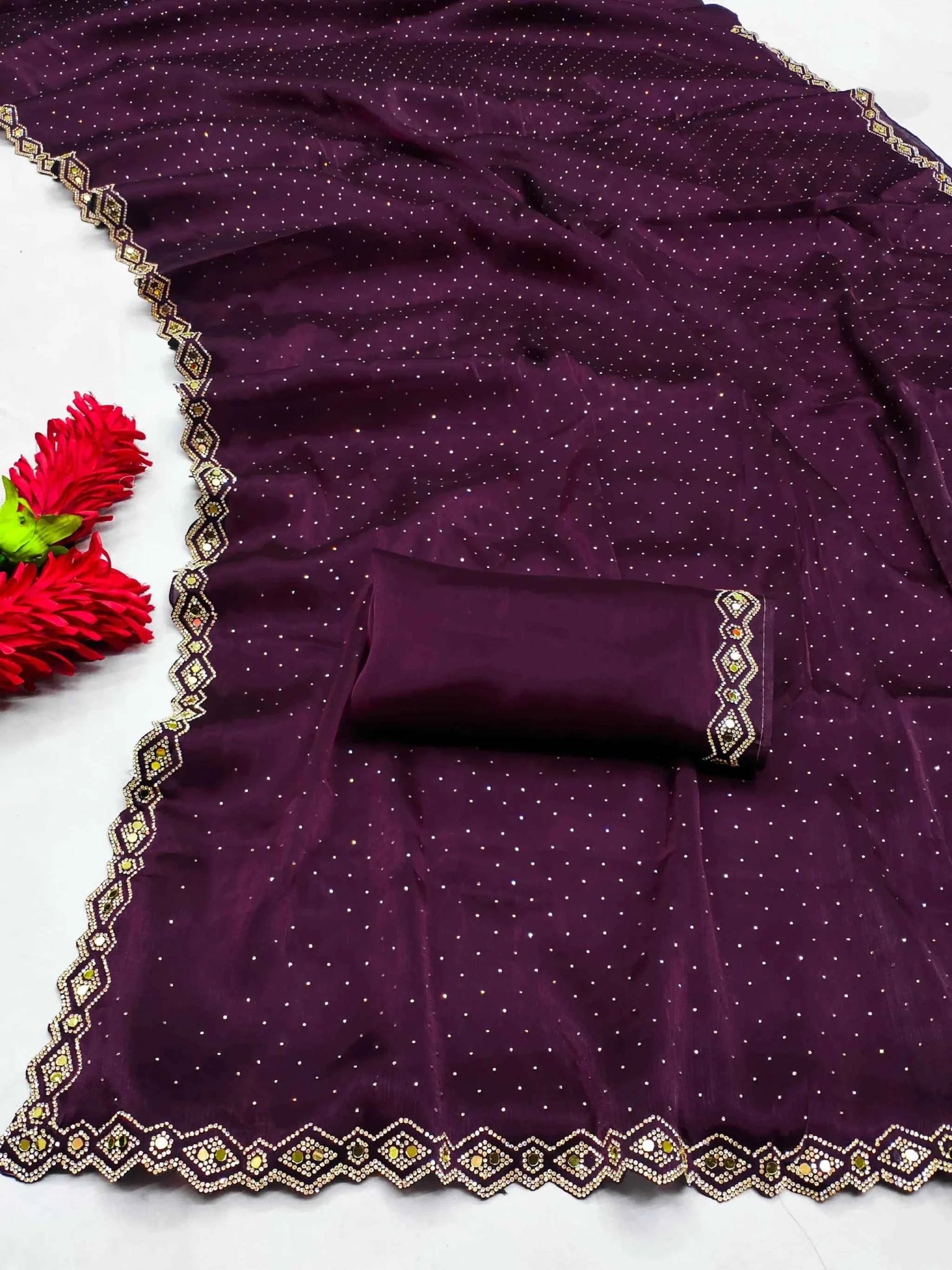 Nayoora Deep Purple Jimmy Choo Saree – Real Gold Mirror Work - Nayoora