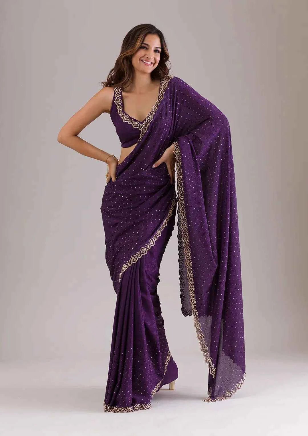 Nayoora Deep Purple Jimmy Choo Saree – Real Gold Mirror Work - Nayoora