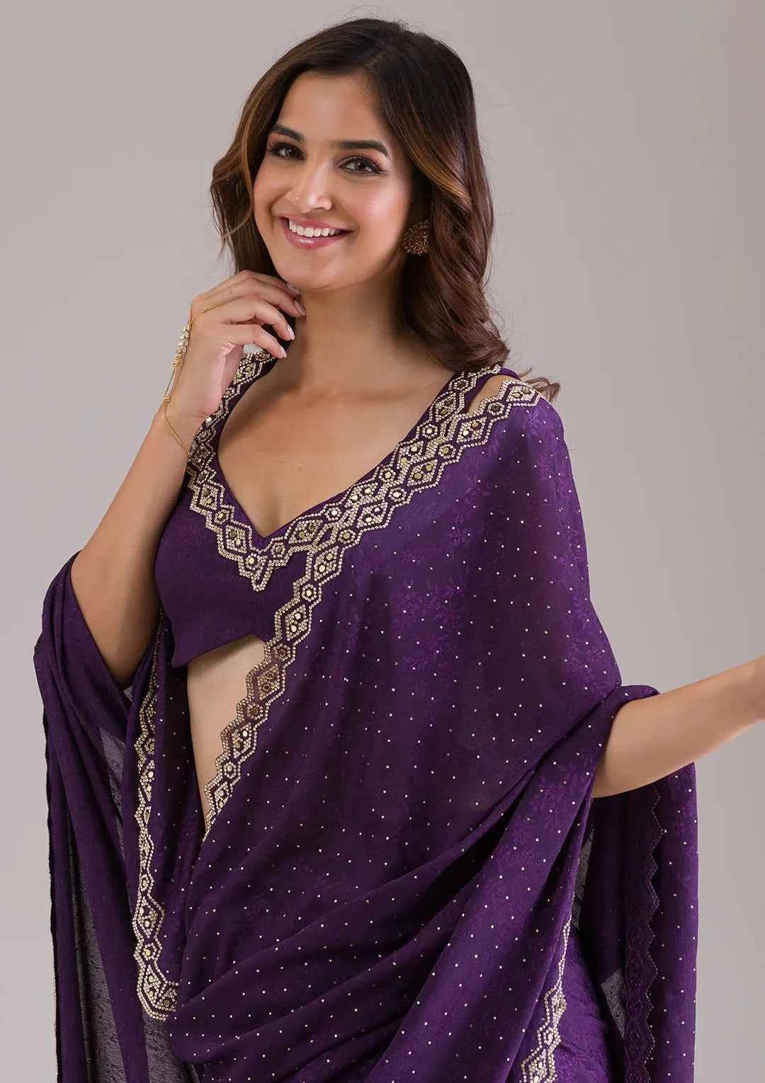 Nayoora Deep Purple Jimmy Choo Saree – Real Gold Mirror Work - Nayoora