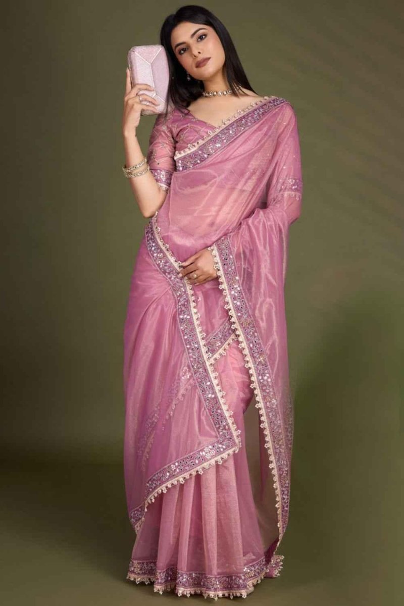 Dusty pink saree with gold-toned sequin border and draped pallu