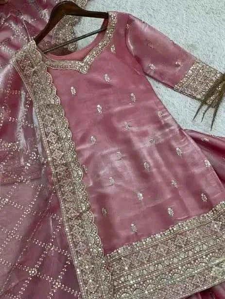 Dusty pink sequin kurta bodice with ornate gold-toned embroidered yoke and trim
