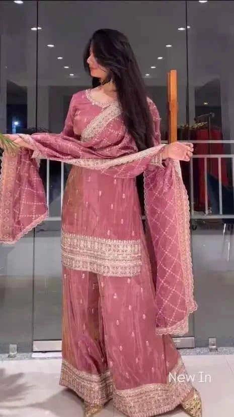Dusty pink sequin palazzo suit set with matching dupatta and wide embroidered border