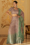 Nayoora Dusty Rose Sage Green Embellished Georgette Palazzo Suit with Dupatta - View 1
