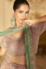 Nayoora Dusty Rose Sage Green Embellished Georgette Palazzo Suit with Dupatta - View 2