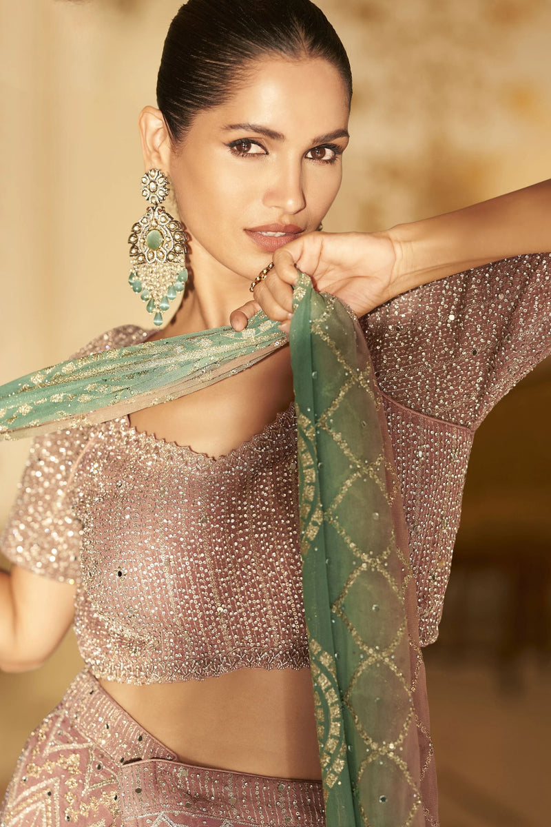 Nayoora Dusty Rose Sage Green Embellished Georgette Palazzo Suit with Dupatta - View 2