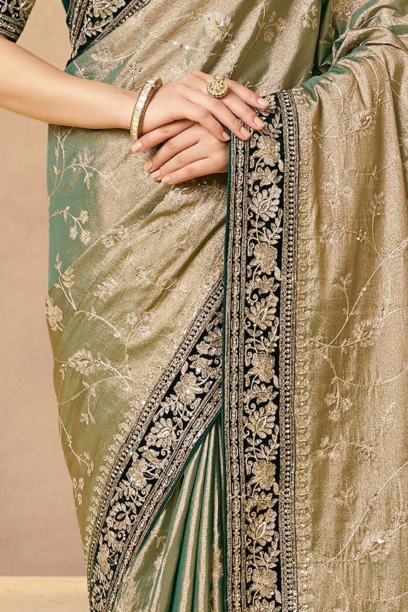 Nayoora Emerald Green Kora Zari Tissue Silk Saree with Handcrafted Zardozi - Nayoora