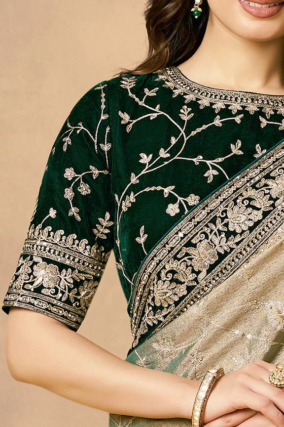 Nayoora Emerald Green Kora Zari Tissue Silk Saree with Handcrafted Zardozi - Nayoora
