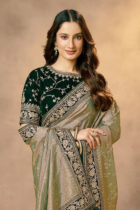 Nayoora Emerald Green Kora Zari Tissue Silk Saree with Handcrafted Zardozi - Nayoora