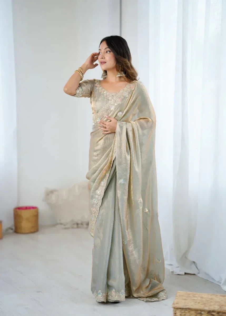 Nayoora Fendy Two - Tone Satin Embroidered Saree - Nayoora