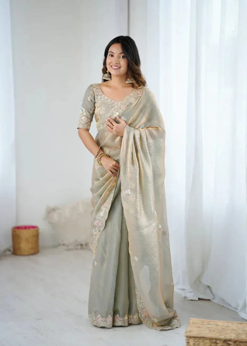 Nayoora Fendy Two - Tone Satin Embroidered Saree - Nayoora