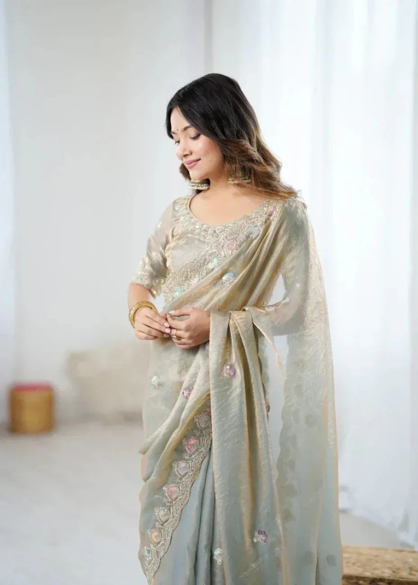 Nayoora Fendy Two - Tone Satin Embroidered Saree - Nayoora