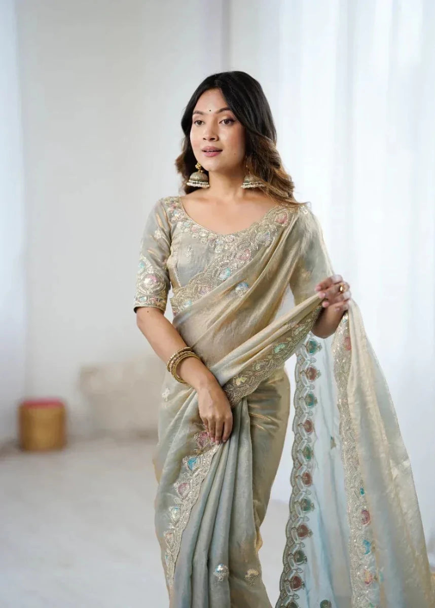 Nayoora Fendy Two - Tone Satin Embroidered Saree - Nayoora