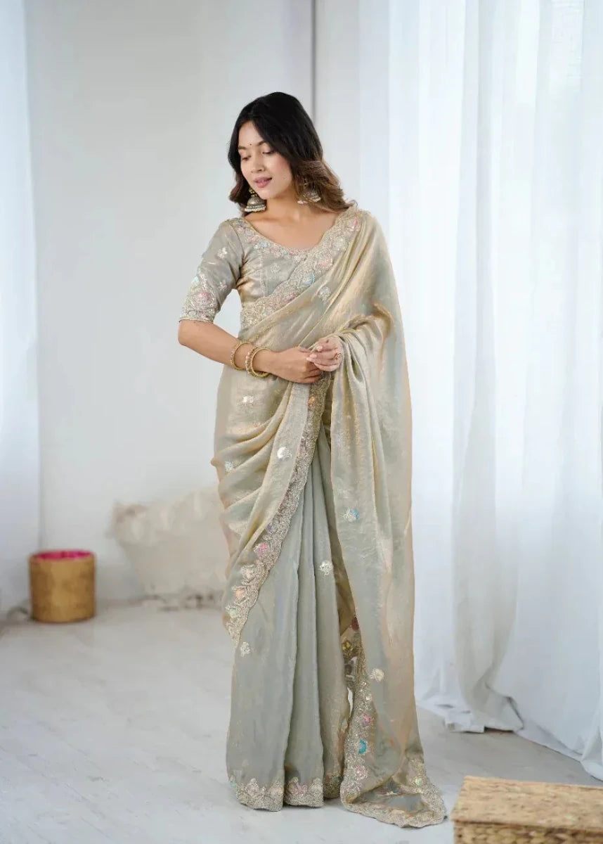 Nayoora Fendy Two - Tone Satin Embroidered Saree - Nayoora