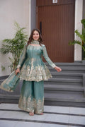 Nayoora Firozi Mirror - Embroidered Satin Sharara Suit | Designer Wedding Sharara Set - Nayoora