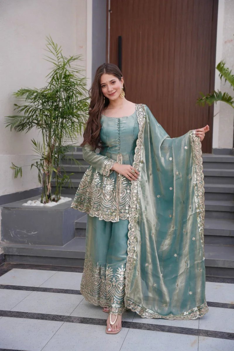 Nayoora Firozi Mirror - Embroidered Satin Sharara Suit | Designer Wedding Sharara Set - Nayoora