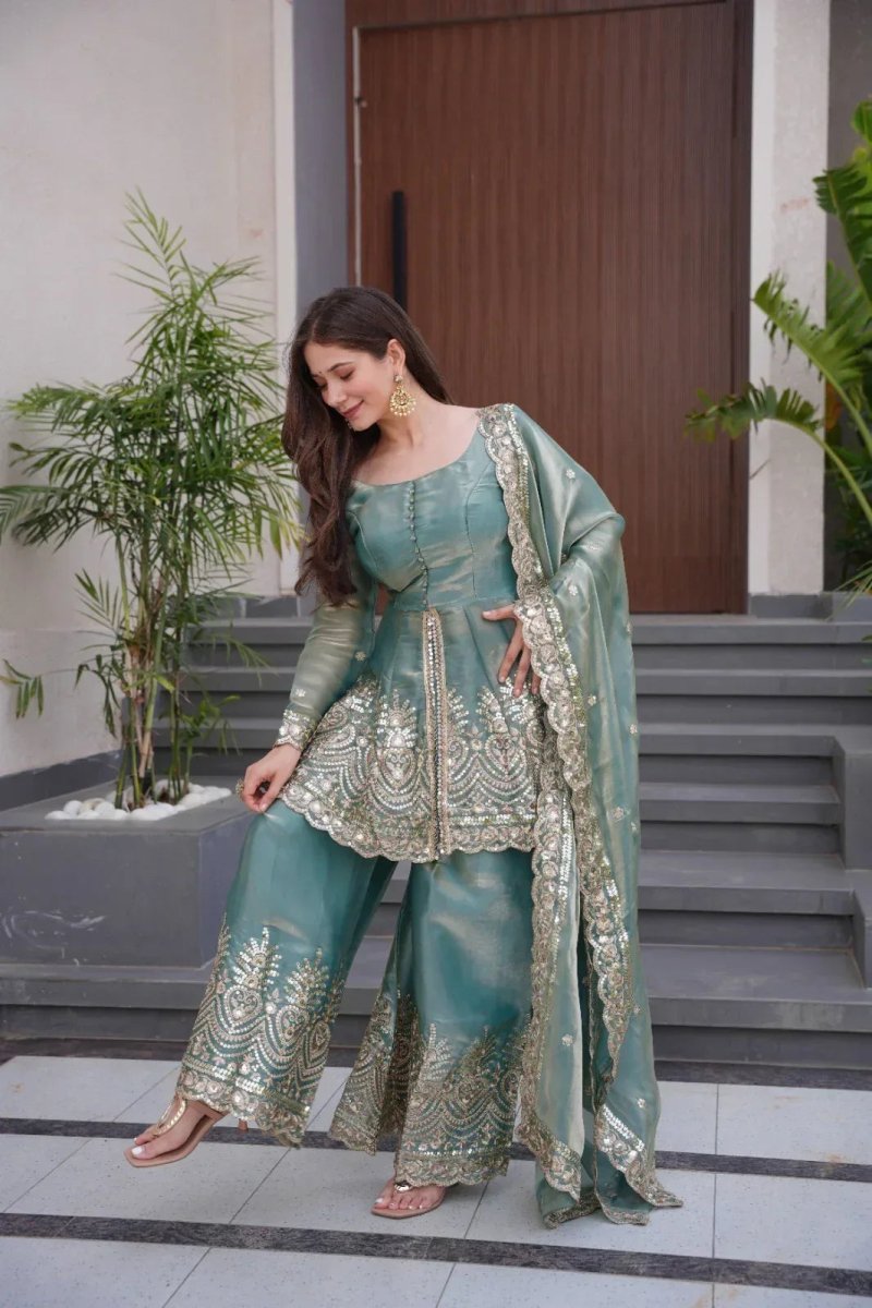 Nayoora Firozi Mirror - Embroidered Satin Sharara Suit | Designer Wedding Sharara Set - Nayoora