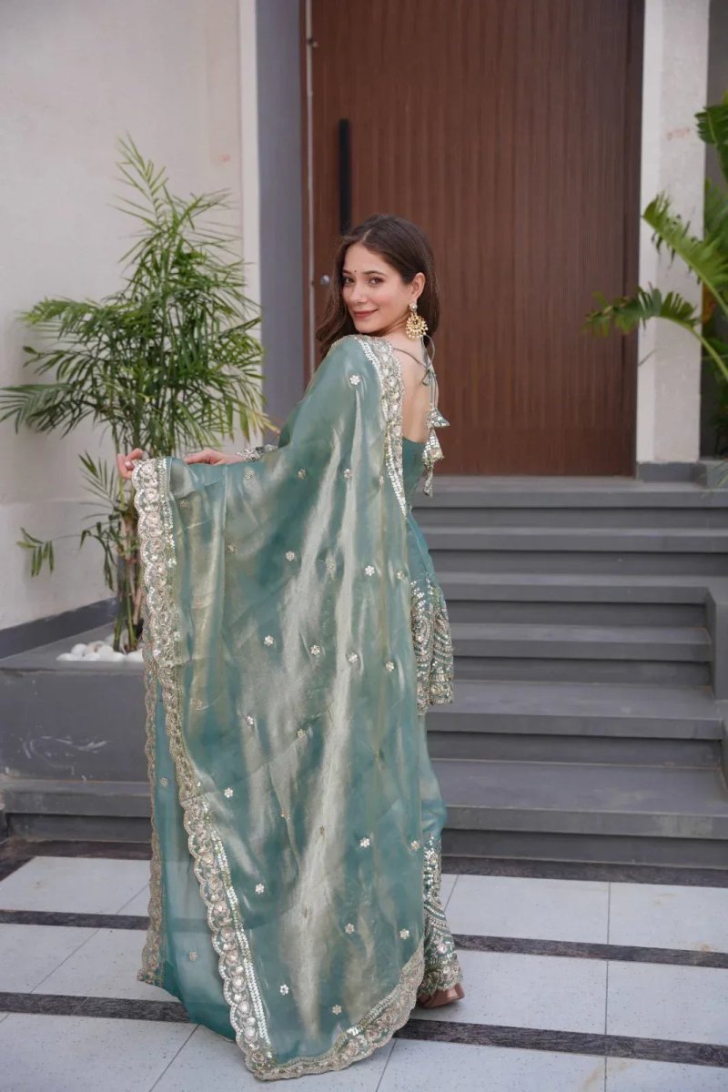 Nayoora Firozi Mirror - Embroidered Satin Sharara Suit | Designer Wedding Sharara Set - Nayoora