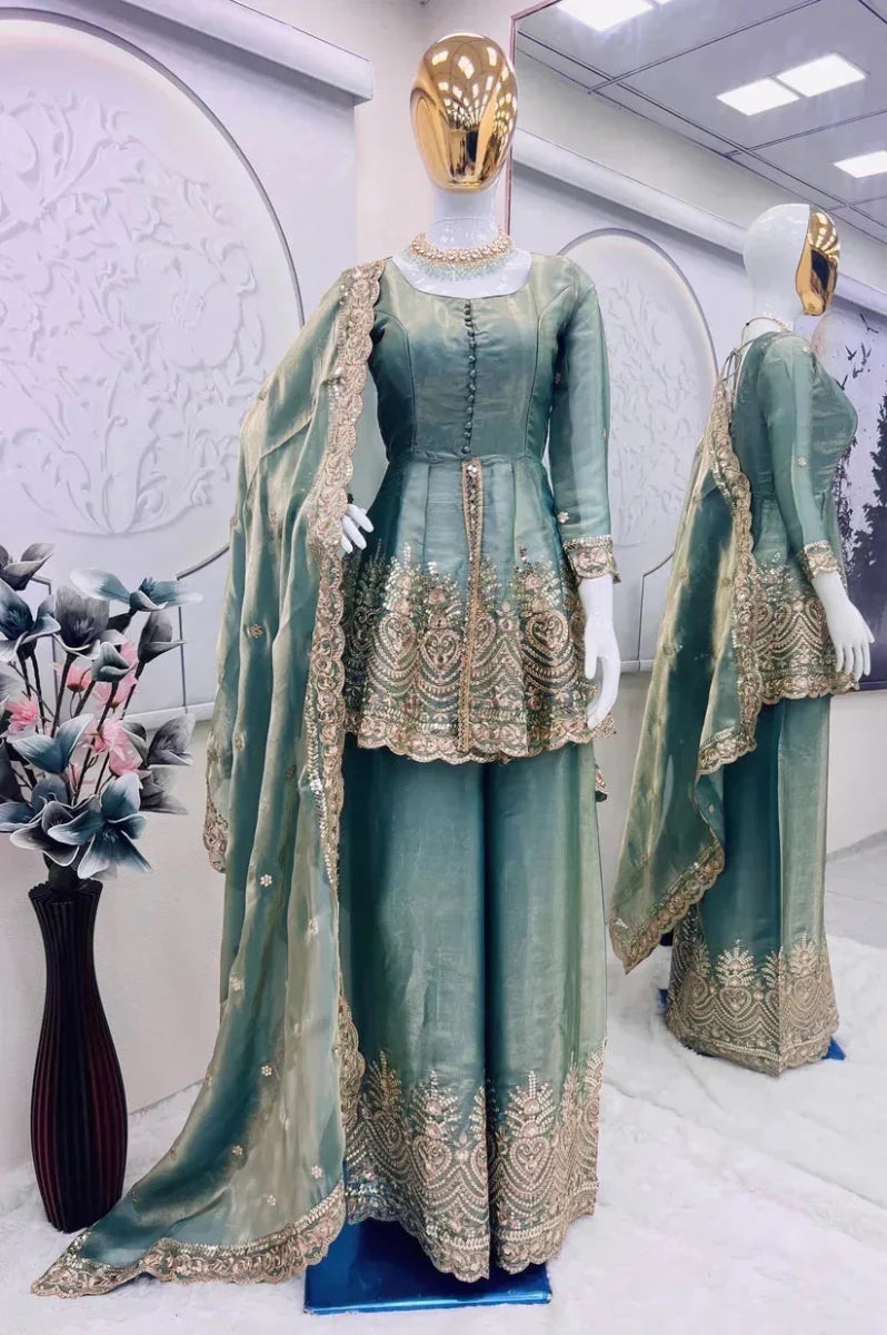 Nayoora Firozi Mirror - Embroidered Satin Sharara Suit | Designer Wedding Sharara Set - Nayoora