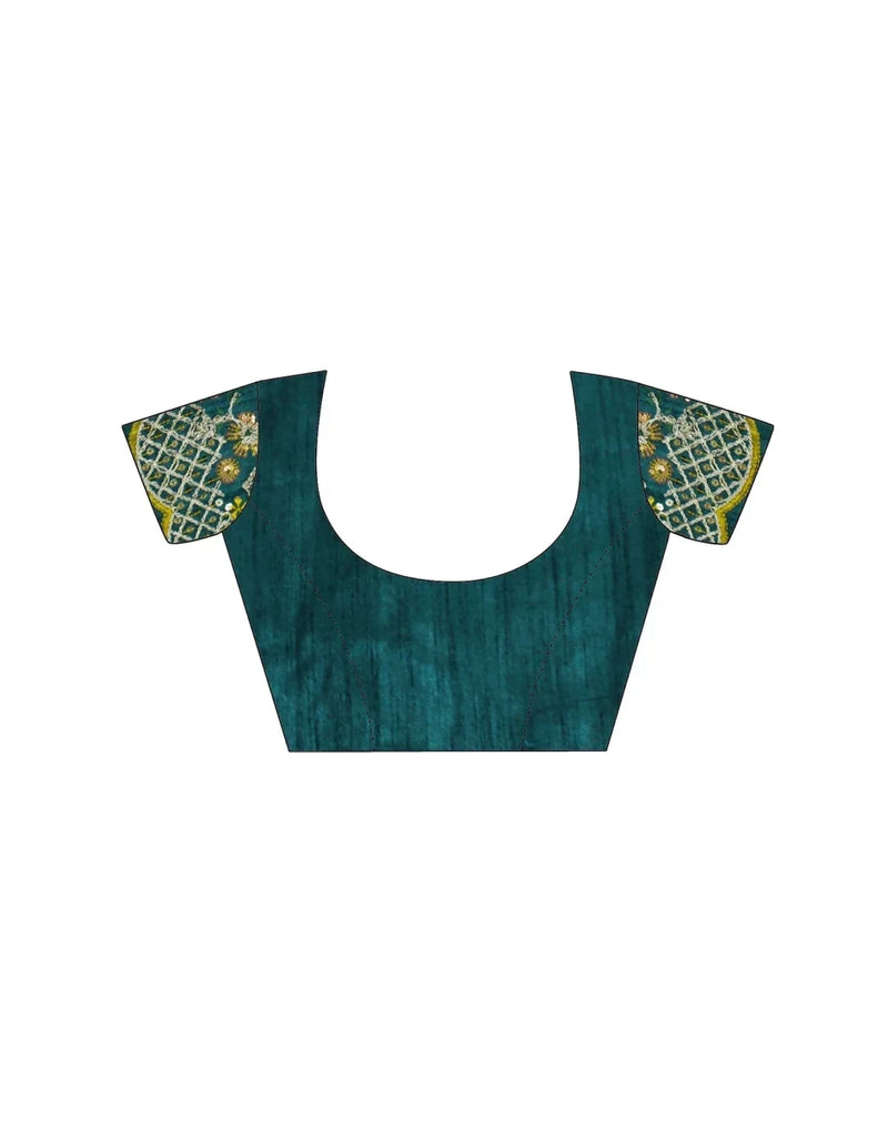 Teal satin blouse with gold and floral embroidered sleeves and neckline