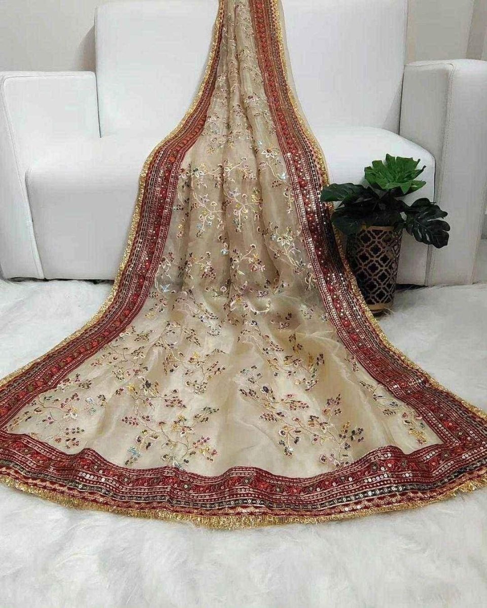 Cream organza saree with maroon-red border and gold trim, scattered multicolor embroidery