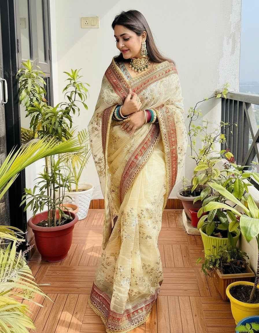Cream organza saree with maroon-gold border and small multicolor floral motifs