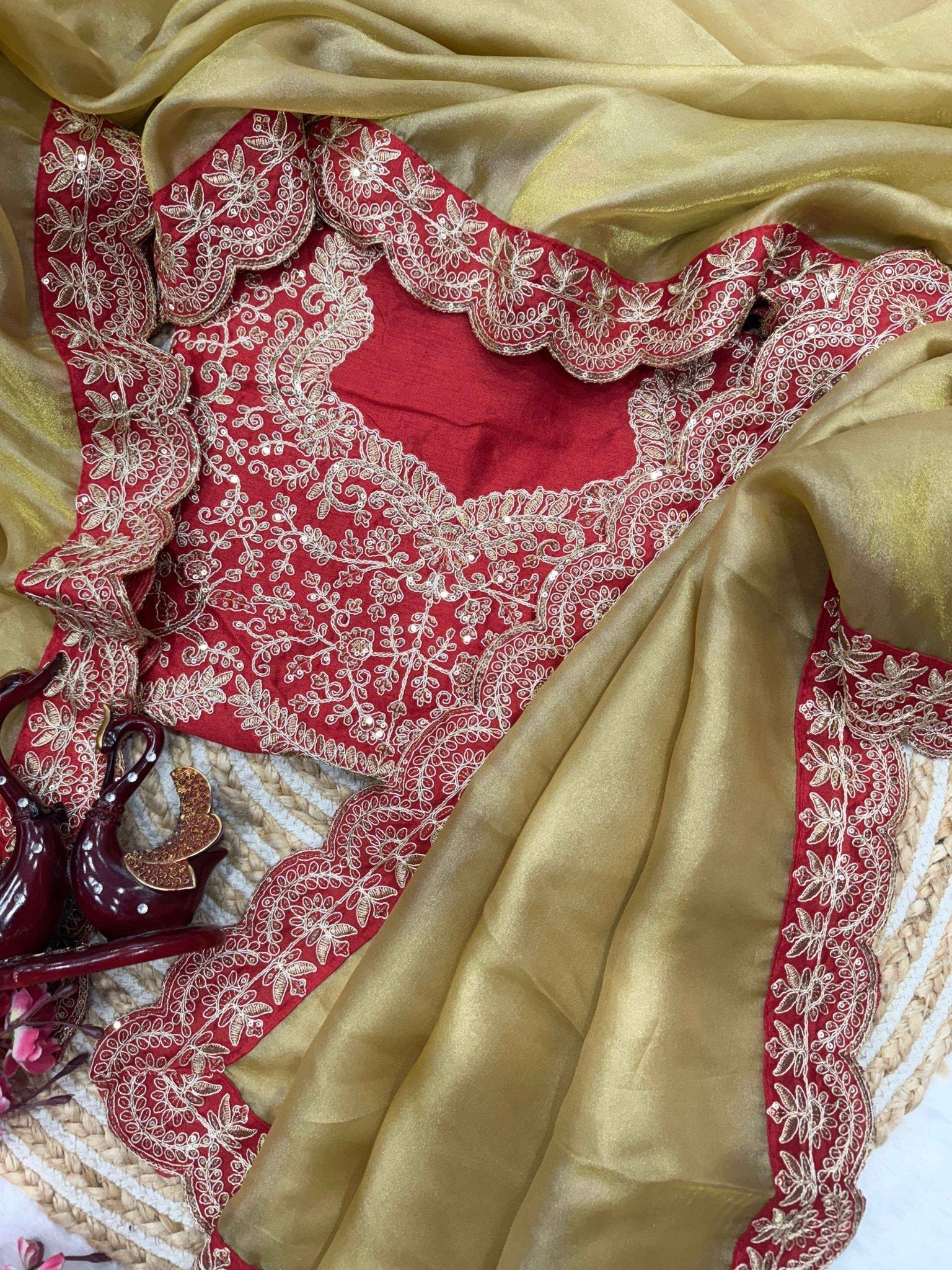 Nayoora Golden Tissue Saree – Heavy Embroidered Red Contrast Blouse - Nayoora