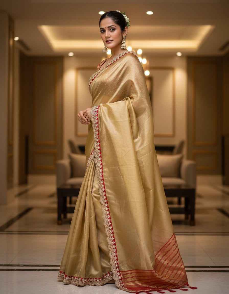 Nayoora Golden Tissue Saree – Heavy Embroidered Red Contrast Blouse - Nayoora