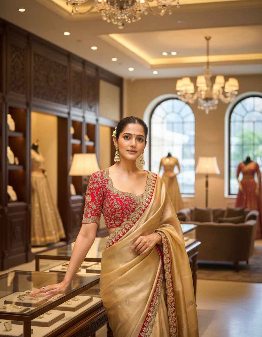 Nayoora Golden Tissue Saree – Heavy Embroidered Red Contrast Blouse - Nayoora