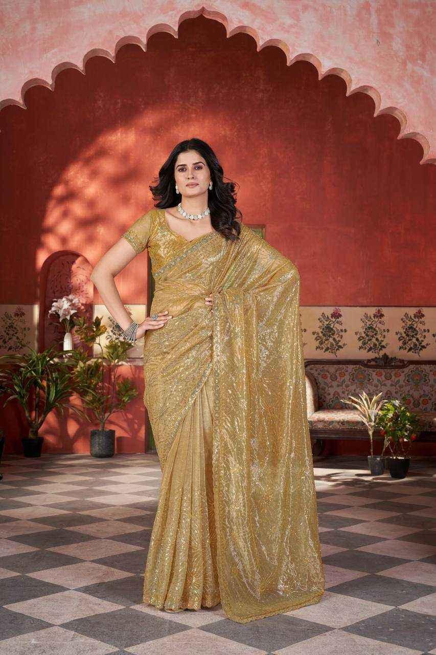 Nayoora Golden Twill Net Saree – Two-Tone Sequin & Beads Work - Nayoora